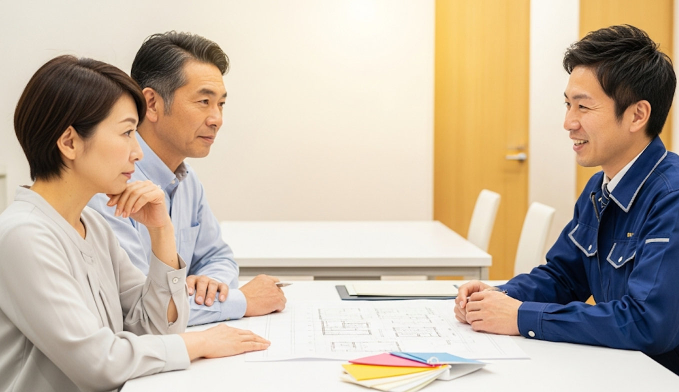 外壁塗装に関するよくあるご質問に、アップリメイクの専門スタッフが答えている相談会のイメージ