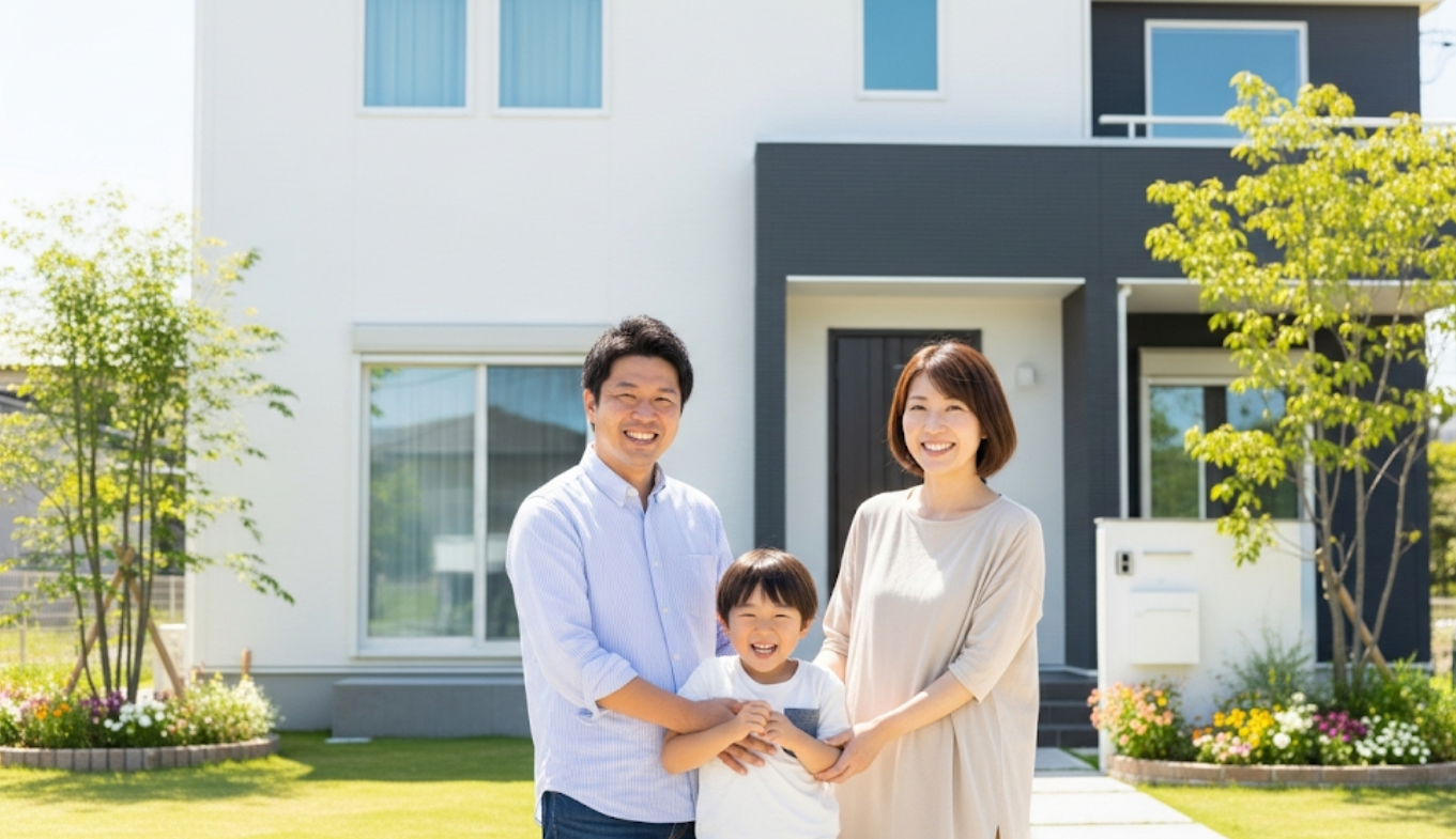 外壁塗装が完了した美しい我が家の前で、満足そうに微笑む日本の若い夫婦