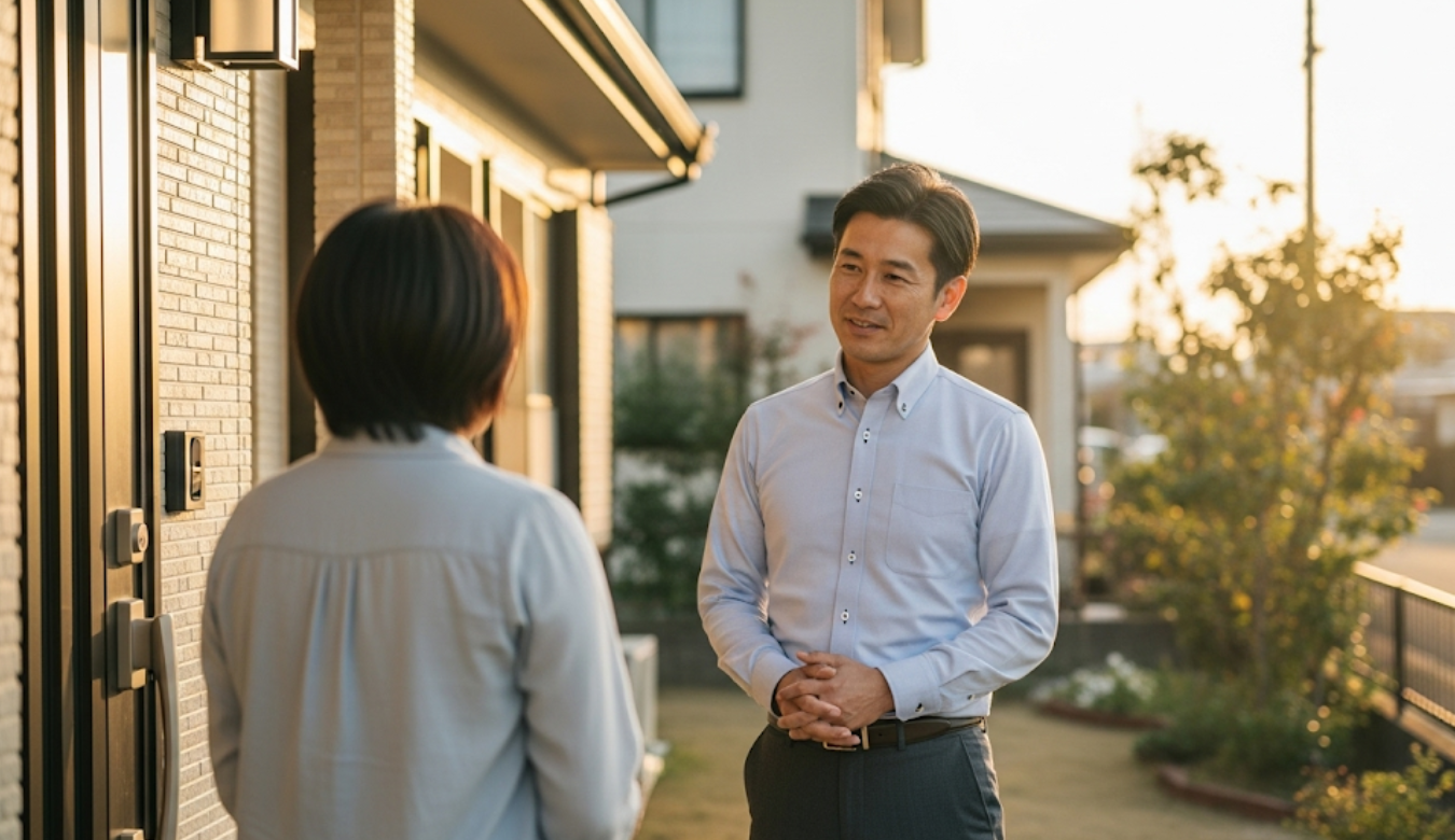 住宅の玄関先で、お客様からの相談に真摯に耳を傾けるリフォーム会社の代表