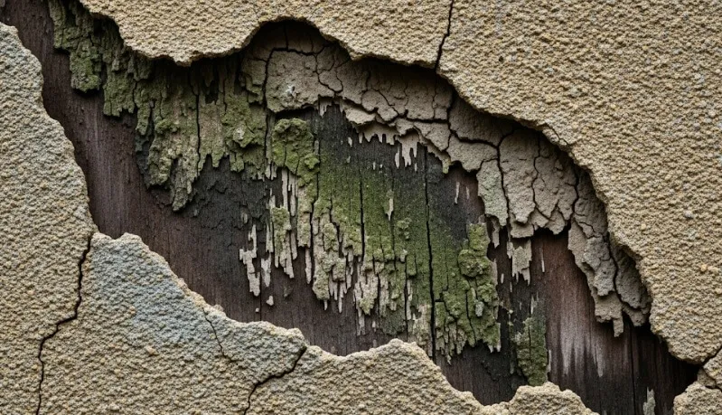 外壁のひび割れや劣化を放置することのリスクを象徴する、傷んだ住宅の写真。