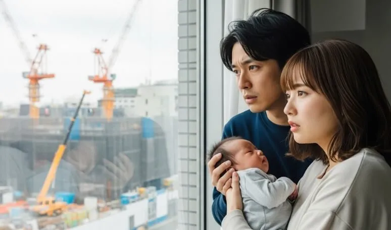 マンションの窓辺で、外壁塗装の臭いを心配そうにする若い日本人夫婦と赤ちゃん