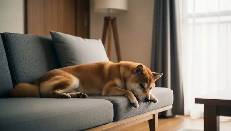 外壁塗装の臭いの影響か、ソファの上で元気なくぐったりしているペットの犬