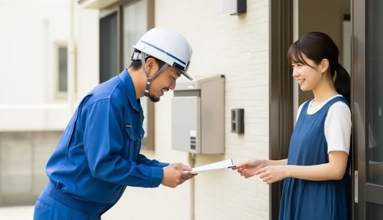 工事開始前に、作業着を着た日本の作業員が近隣住民に笑顔で丁寧に挨拶をしている様子