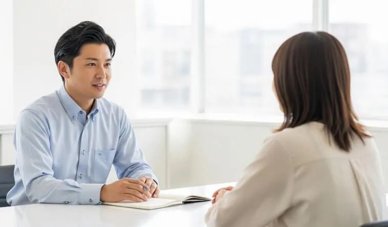 オフィスの打ち合わせスペースで、お客様の不安や相談に真摯に耳を傾ける日本の男性スタッフ