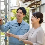自宅の前で、女性の施主が職人と進捗について確認しており、二人とも笑顔で良好な関係を築いている様子