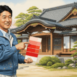 塗装職人の男性が、塗装された家の前で笑顔でカラーサンプルを指差している画像。