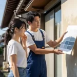 塗装業者と施主が家の外壁にA4サイズの塗り板（カラーサンプル）をあてて、色味を慎重に確認している様子