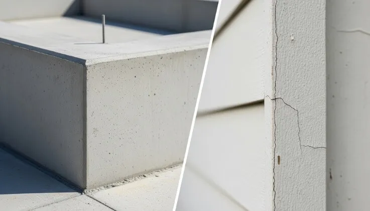 保証対象と対象外の違いを表現した比較画像。左側には頑丈できれいな住宅の基礎部分が、右側には経年劣化で塗装が色あせ、ひび割れが起きている外壁が写っている