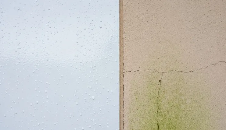 塗膜による外壁保護の効果を示す比較画像。左側は塗料で保護され美しい状態を保っているが、右側は紫外線や雨に晒されて色あせや汚れが発生している