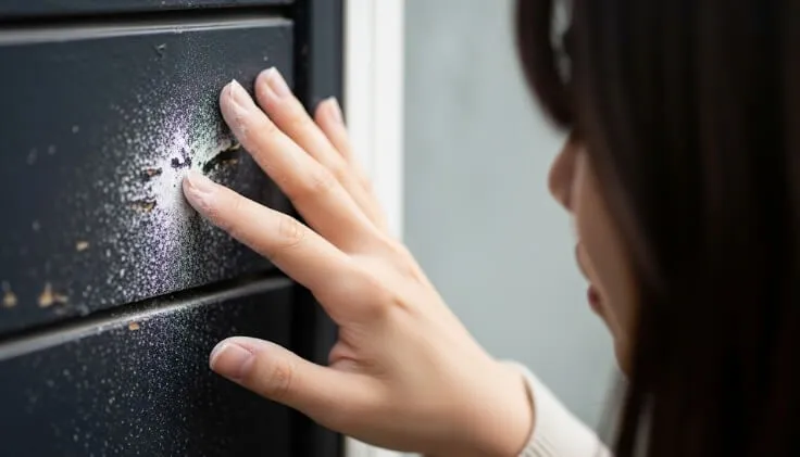 外壁の劣化サインであるチョーキング現象のクローズアップ写真。濃い色の外壁を指で触ると、白い粉が付着している様子がはっきりと分かる