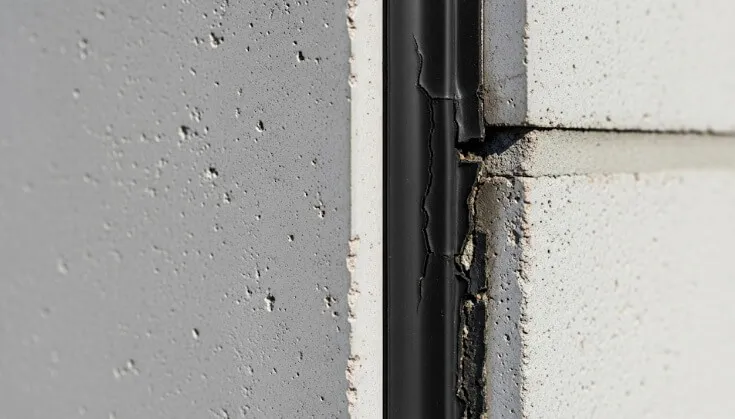 積水ハウス特有のダインコンクリート外壁と、経年劣化した目地のガスケットの様子のクローズアップ写真