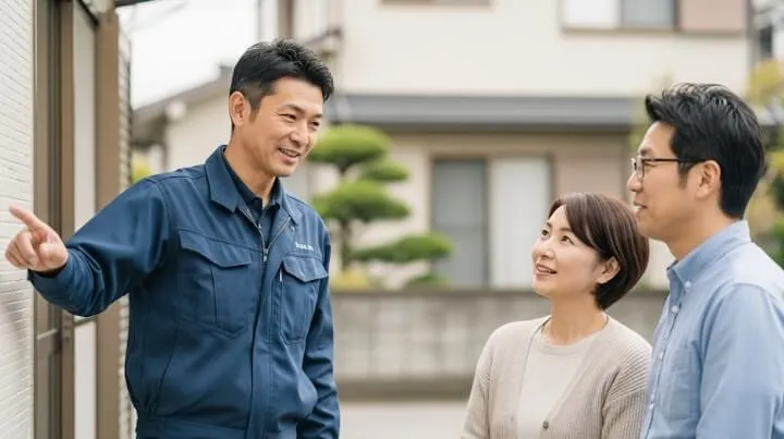 塗装専門店の職人が、家の外壁の状態について顧客である日本人の夫婦に丁寧に説明している様子の写真