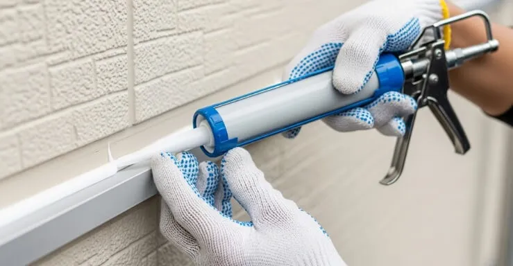 職人が外壁の目地に新しいシーリング材を専門の道具で丁寧に充填している作業風景