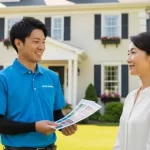 外壁塗装会社のスタッフが、お客様の女性にカラーチャートを見せながら、家の前で丁寧に説明を行っている