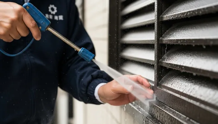 職人が高圧洗浄機のノズルを使い、シャッターの溝の汚れを丁寧に取り除いているクローズアップ写真