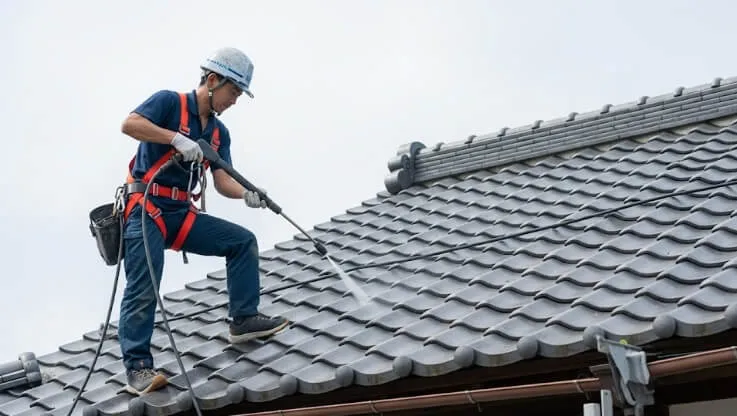 安全帯を装着した職人が、屋根の上で高圧洗浄を行っている。安全管理の徹底と丁寧な作業を示している
