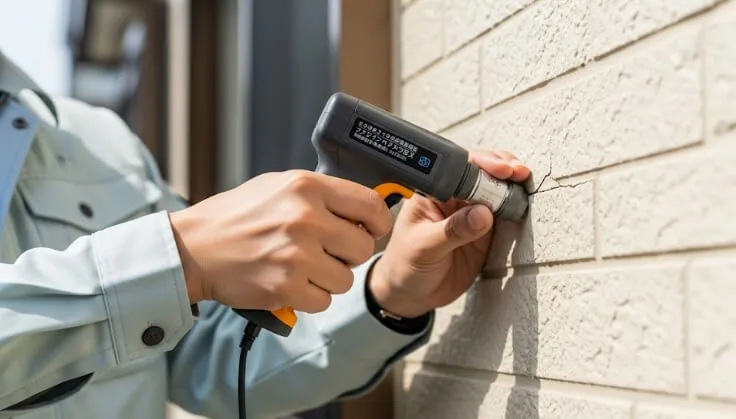 専門の診断機器を使い、外壁のひび割れを調査する技術者の手元。専門的で精密な建物診断の重要性を示している