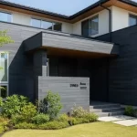 濃いグレーで塗装されたダインコンクリート住宅の施工事例。重厚感のある外壁の質感が際立っている