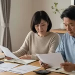 ダイニングテーブルに複数の見積書を広げ、真剣な表情で検討する中年の夫婦。外壁塗装の計画を慎重に進めている様子