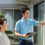 株式会社アップリメイクの外壁塗装スタッフが、お客様のご自宅前で丁寧に説明している安心感のある写真