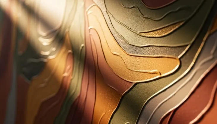 ハーモカラーズの多彩模様仕上げによる、高級感のある外壁のクローズアップ。太陽光が当たり、その質感がよくわかる