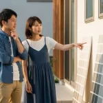 自宅の外壁に立てかけた複数の色見本を、少し離れた場所から夫婦が自然な様子で眺めている