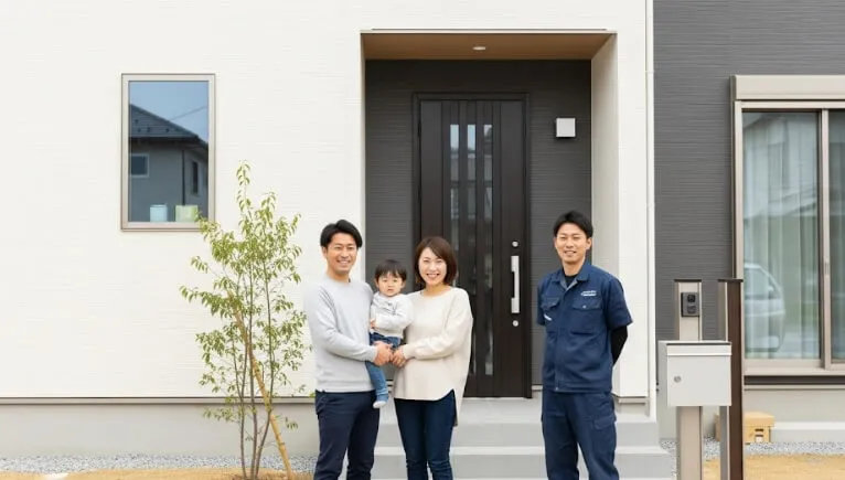 塗装工事完了後、美しくなった家の前で記念撮影をする施主様ご家族と、笑顔のスタッフ