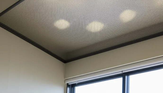 室内から見た、飛散防止ネットで覆われた窓。自然光が遮られ、室内が薄暗くなっている様子