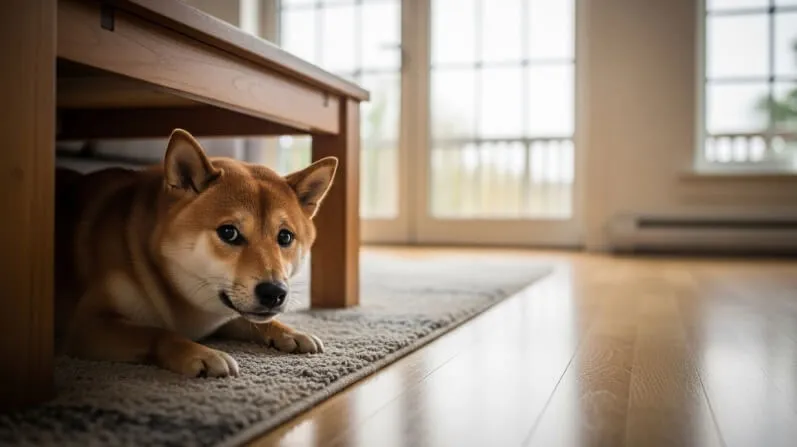 工事の音に不安を感じ、テーブルの下で心配そうにしている柴犬