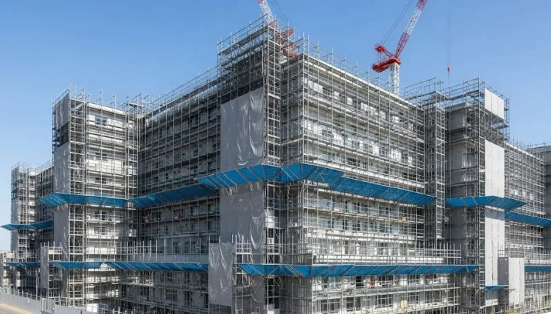 大規模修繕工事のため、建物全体が足場とシートで覆われたマンションの外観