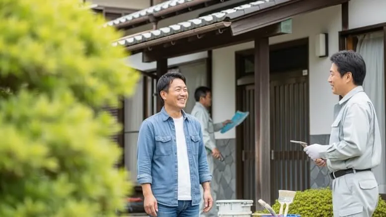 住宅の外壁塗装現場で、施主の男性と作業着を着た職人が笑顔で会話している様子
