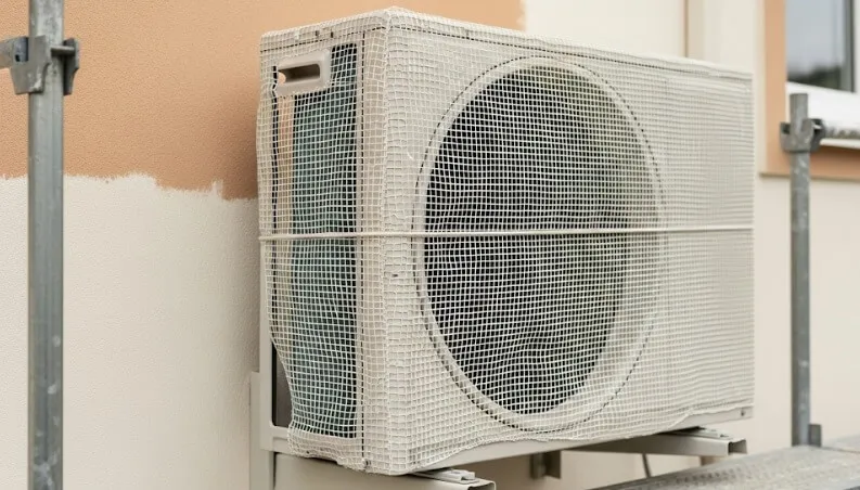 エアコンが使用できるよう、メッシュカバーで丁寧に養生された室外機のクローズアップ
