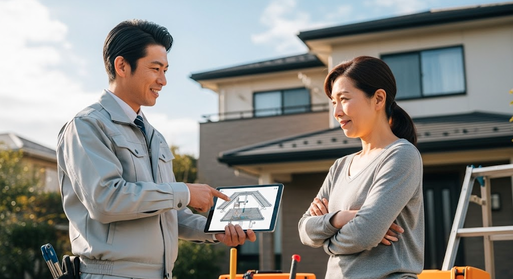 信頼できる専門業者が施主に屋根の修理内容を丁寧に説明している場面