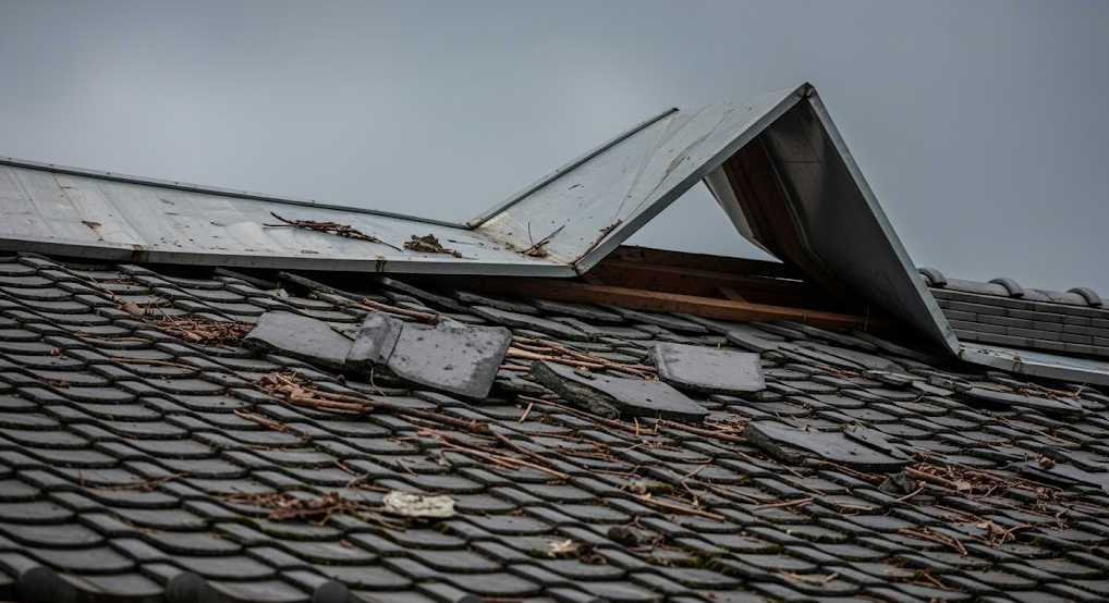 台風の強風によって棟板金が破損したスレート屋根