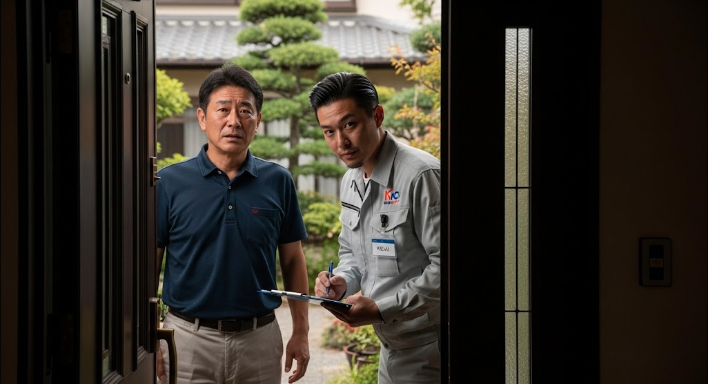 訪問してきた修理業者から説明を受け、不安そうな表情を浮かべる家の所有者