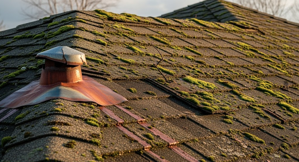 コケやカビが発生し経年劣化した屋根の表面