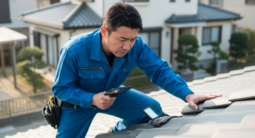静岡の専門家が屋根の劣化状況を診断している様子