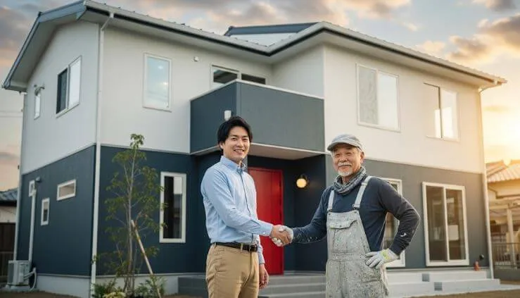 きれいに塗装されたモダンな家を背景に、満足そうに微笑む施主と自信に満ちた笑顔の日本のベテラン塗装職人