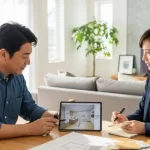 プロのアドバイザーから、住宅リフォームの計画について分かりやすく説明を受ける日本の住宅所有者