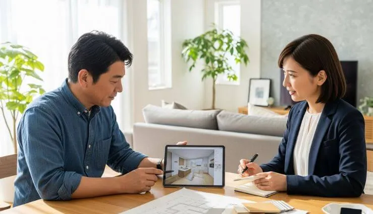 プロのアドバイザーから、住宅リフォームの計画について分かりやすく説明を受ける日本の住宅所有者