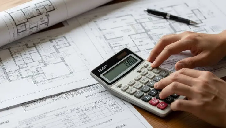 電卓や設計図を使い、外壁塗装の費用と利用可能な助成金を計算している様子