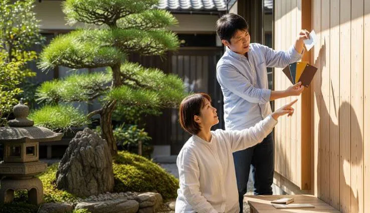 自宅の庭で、外壁に塗るペンキの色見本を見ながら、真剣に話し合い検討している日本の夫婦。