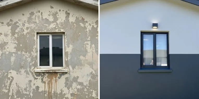 外壁塗装のビフォーアフター写真。塗装前(左側)の古びた外観が、塗装後(右側)にはモダンなツートンカラーで美しく生まれ変わっている。