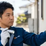 アップリメイクのスタッフが住宅の無料診断を行っている様子。専門家が真剣な表情で外壁の状態を確認しており、プロによる丁寧な点検作業を示している