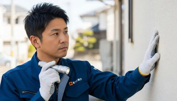 アップリメイクのスタッフが住宅の無料診断を行っている様子。専門家が真剣な表情で外壁の状態を確認しており、プロによる丁寧な点検作業を示している