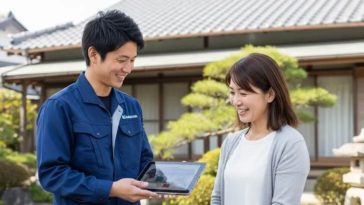 塗装会社のスタッフが、住宅の前で女性の顧客に笑顔で説明している様子。タブレットを見ながら、リフォームの計画について丁寧に話している。