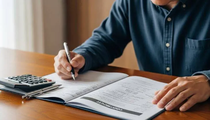詳細な工事の見積書と契約書を、電卓を使いながら真剣に確認している写真。費用の内訳を精査している様子を象徴している