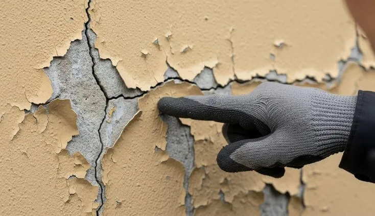 専門家の手袋をはめた手が、住宅の外壁にある深刻なひび割れと塗膜の剥がれを指し示しているクローズアップ写真。メンテナンスの必要性を強調している