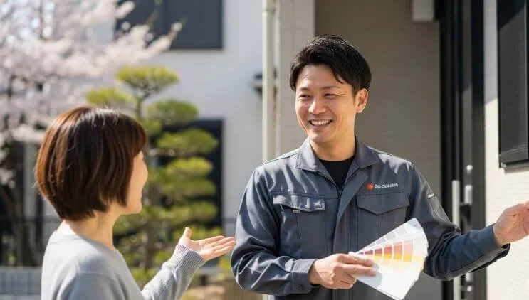 株式会社アップリメイクの代表取締役(日本人男性)が、戸建て住宅の前で笑顔で女性顧客にカラーサンプルを見せながら外壁塗装について説明している様子。親身になって相談に乗るプロフェッショナルな印象を与える。