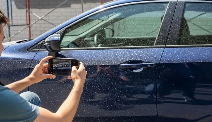 外壁塗装による塗料ミストの被害を、スマートフォンで撮影して証拠を残している様子。トラブル解決のための具体的な対処法を示す写真。